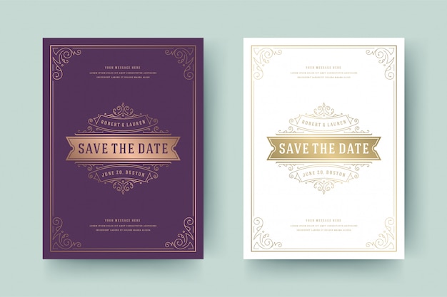 Wedding invitation save the date card template golden flourishes ornaments vignette swirls.