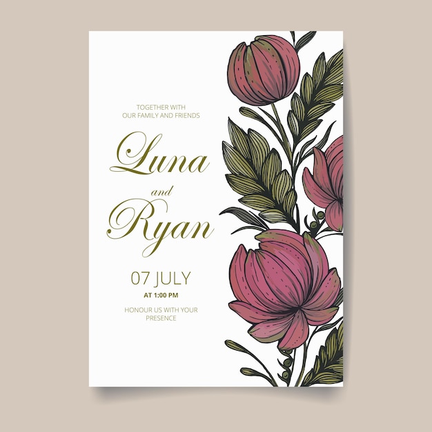 Wedding invitation save the date card with flowers leaves and branches