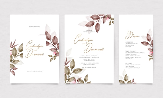 Wedding invitation set template set with beautiful leaves decoration