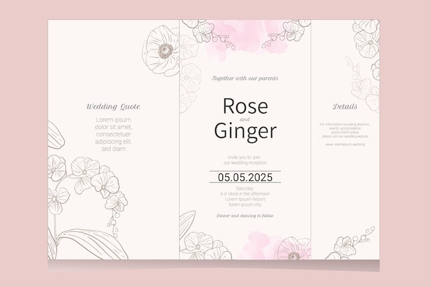 Wedding invitation set template with line drawing flower