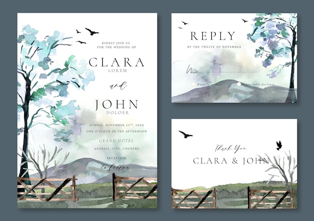 Wedding Invitation Set of Watercolor Landscape Mountain and Trees