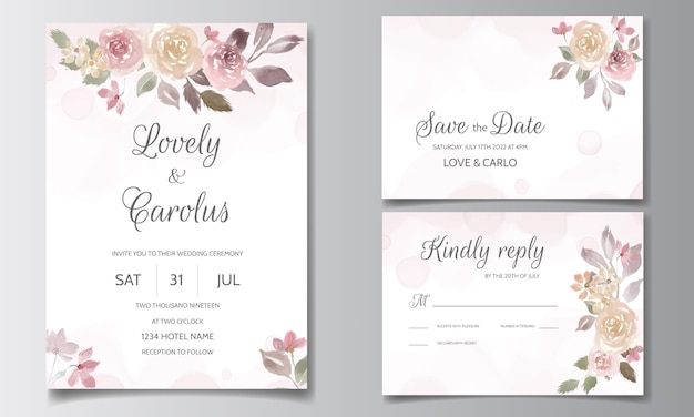 Wedding invitation set with beautiful floral and leaves watercolor