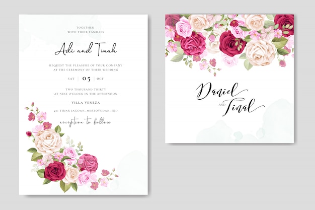 wedding invitation set with beautiful flowers and leaves