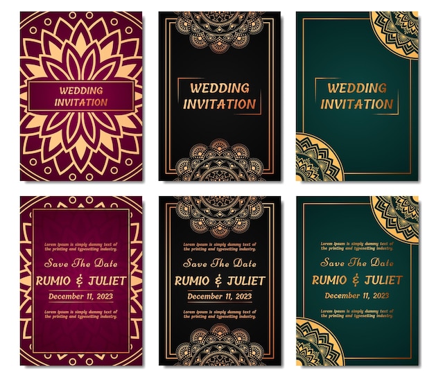 Wedding invitation set with beautiful golden mandala