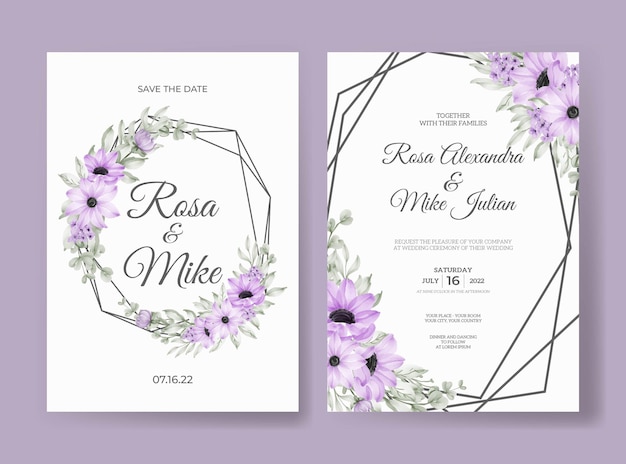 Wedding invitation set with beautiful soft purple flower and leaves