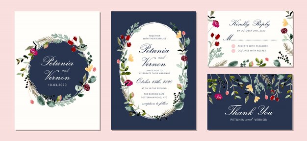 Vector wedding invitation set with beautiful watercolor floral frame