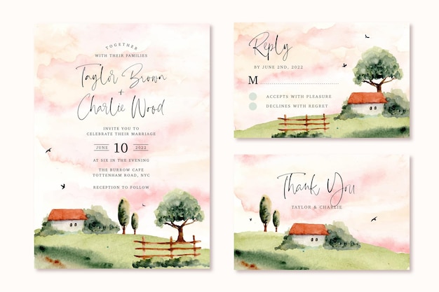 wedding invitation set with countryside view watercolor