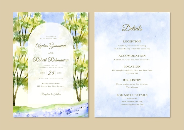 Wedding Invitation set with Lavender meadow and tree