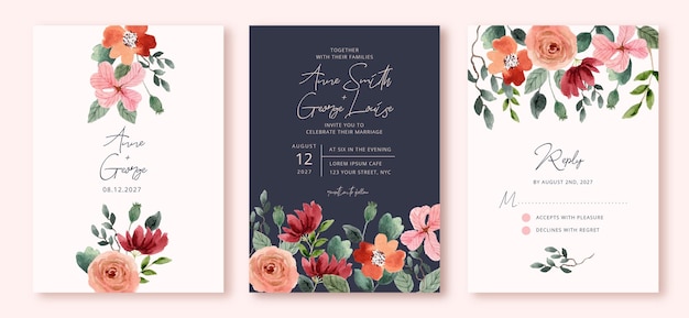 wedding invitation set with pretty flower watercolor frame