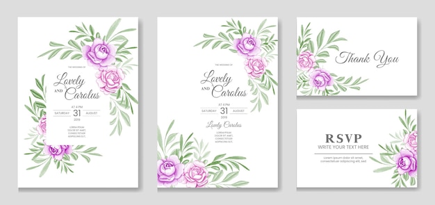 Wedding invitation set with purple floral watercolor background