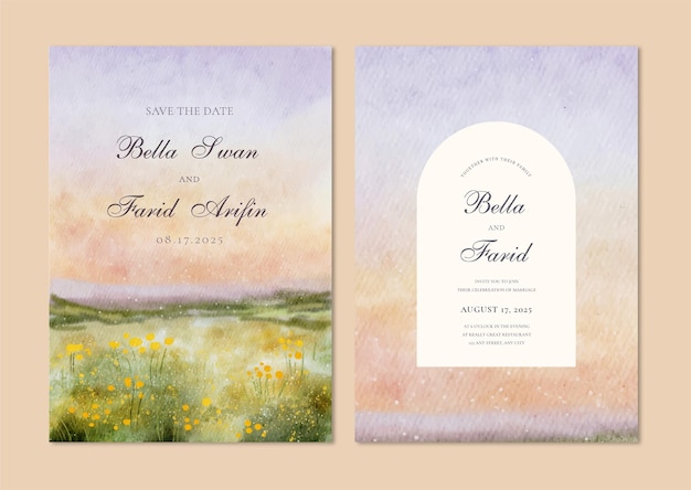 Wedding Invitation set with watercolor green meadow with violet sky