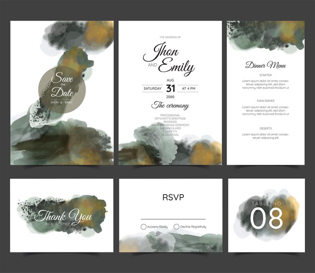 Vector wedding invitation set with watercolor texture abstract theme, simple and luxury