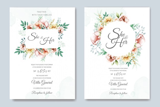 Vector wedding invitation suite with watercolor floral and leaves