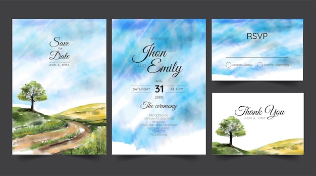 Wedding invitation suite with wild nature landscape watercolor