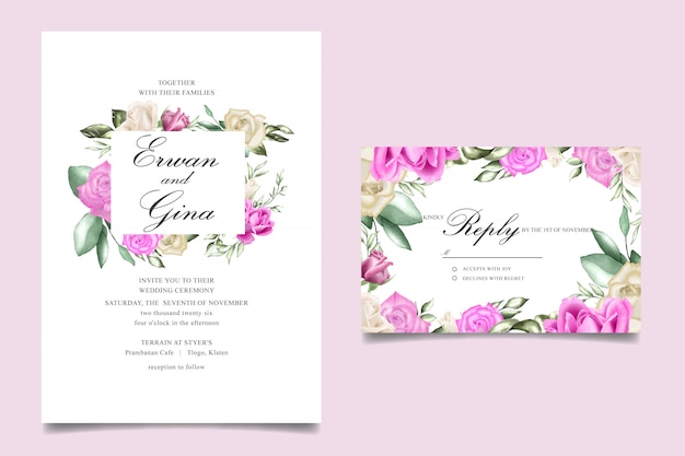 Wedding invitation template card design with Watercolor Floral and leaves