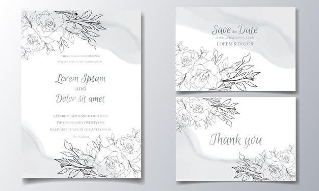 Vector wedding invitation template design with luxury line art floral and leaves with watercolor