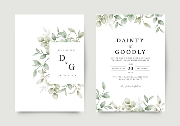 Wedding invitation template for elegant watercolor leaves