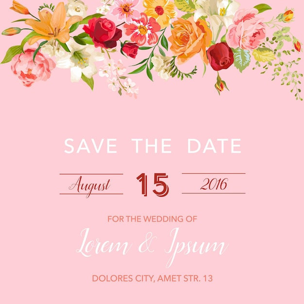 Wedding Invitation Template. Floral Save the Date Card with Lily and Orchid Flowers. Decoration for Marriage Party Celebration