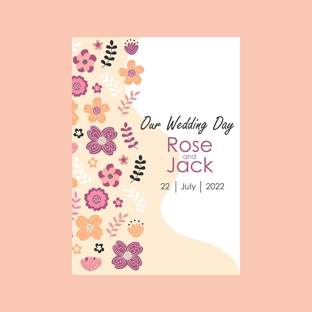 Wedding invitation template in pastel colors Hand drawn flowers