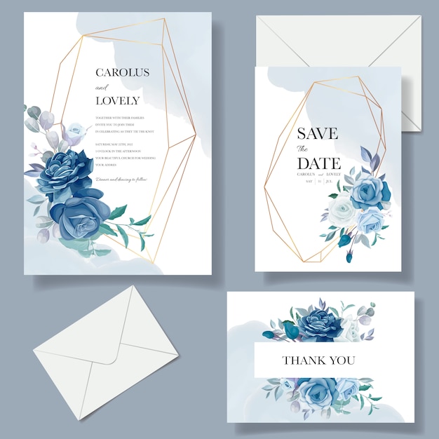 Wedding invitation template set with beautiful blue floral bouquet and border decoration