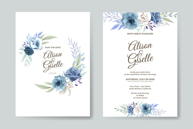 wedding invitation template set with blue rose flower