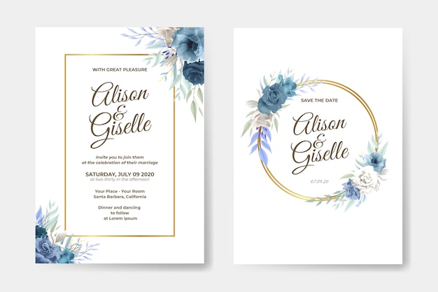 wedding invitation template set with blue rose flower