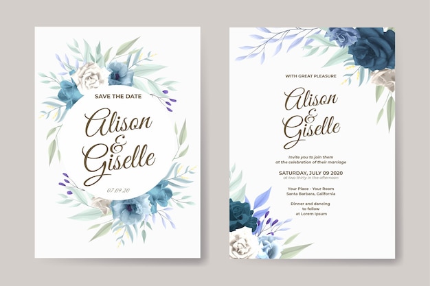 wedding invitation template set with blue rose flower