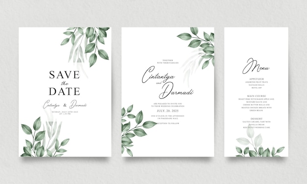 Wedding invitation template set with elegant green leaves