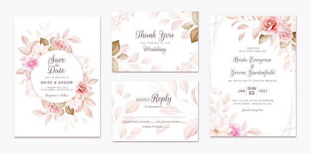 Wedding invitation template set with peach and brown roses flowers and leaves decoration.  