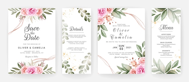 Wedding invitation template set with purple and brown roses flowers and leaves decoration.  