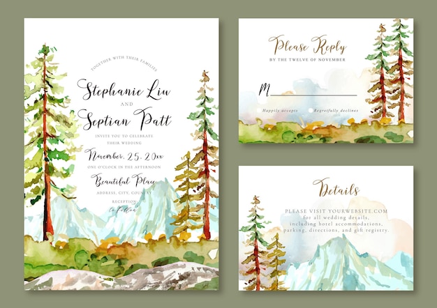 Wedding Invitation Template Watercolor Landscape of Mountain view and Pine Trees Autumn