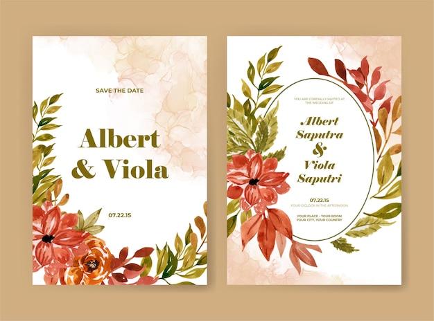 Wedding invitation template with autumn flower foliage watercolor