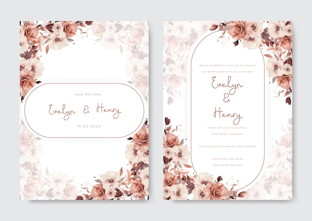 Wedding invitation template with beautiful brown floral watercolor