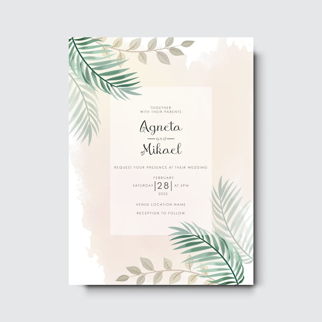 wedding invitation template with beautiful flower and leaves