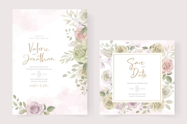 Wedding invitation template with beautiful flowers and leaves