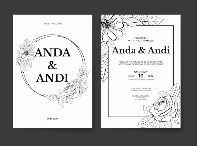 Wedding invitation template with beautiful outline flower