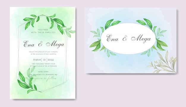 Wedding invitation template with beautiful watercolor leaves