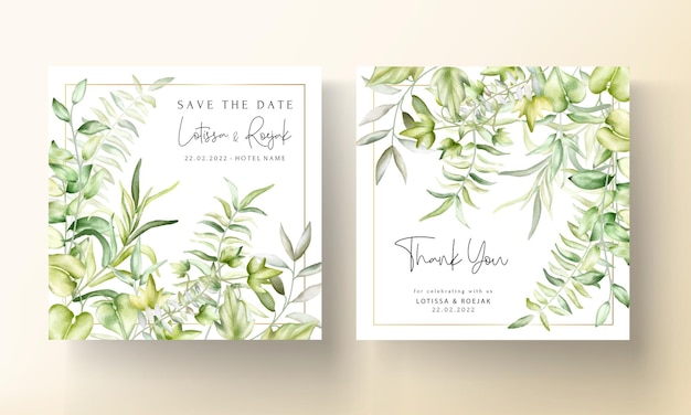 Wedding invitation template with beautiful watercolor leaves