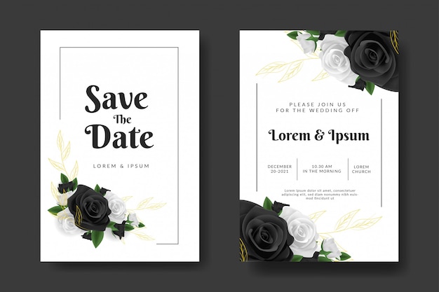 Wedding invitation template with black and white rose flower