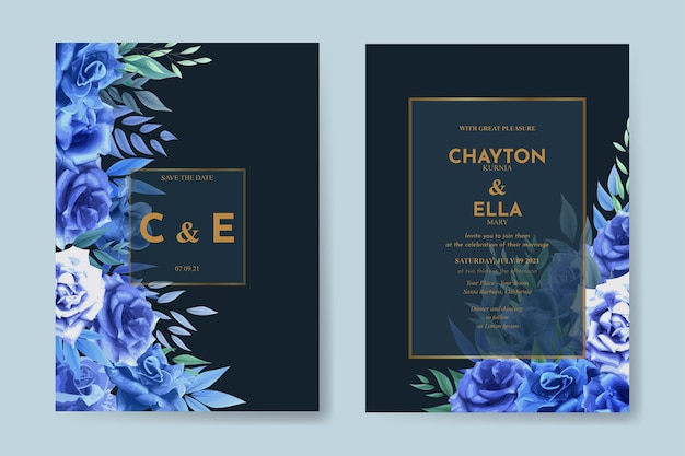 Wedding invitation template with blue rose flower set