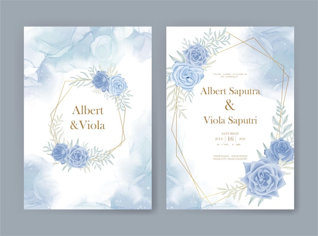 wedding invitation template with blue rose watercolor