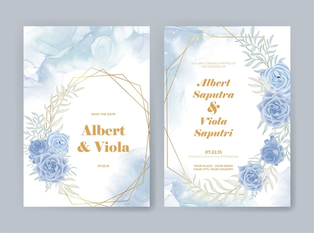 Wedding invitation template with blue rose watercolor