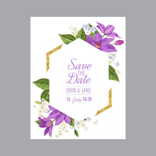 Wedding Invitation Template with Clematis Flowers