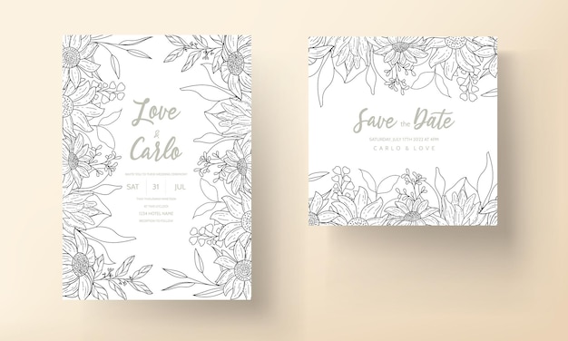 Wedding invitation template with elegant hand drawn floral monoline