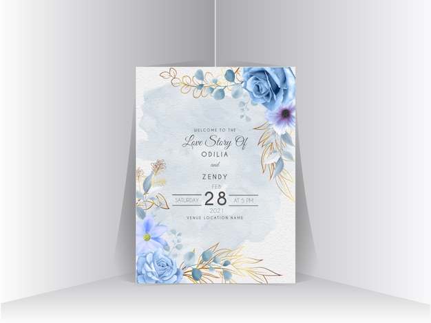 wedding invitation template with elegant royal blue roses design