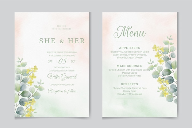 Wedding invitation template with eucalypts leaves and flowers