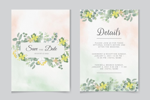 Wedding invitation template with eucalypts leaves and flowers