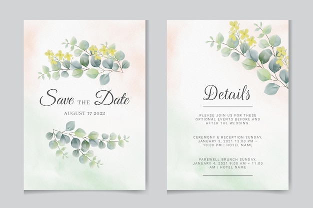 Wedding invitation template with eucalypts leaves menu