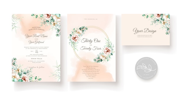 Wedding invitation template with eucalyptus leaves set