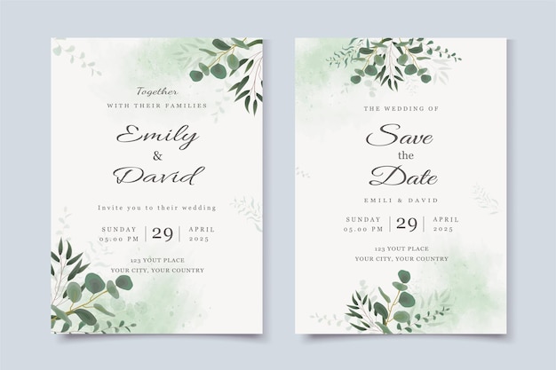 Wedding invitation template with eucalyptus leaves and watercolor